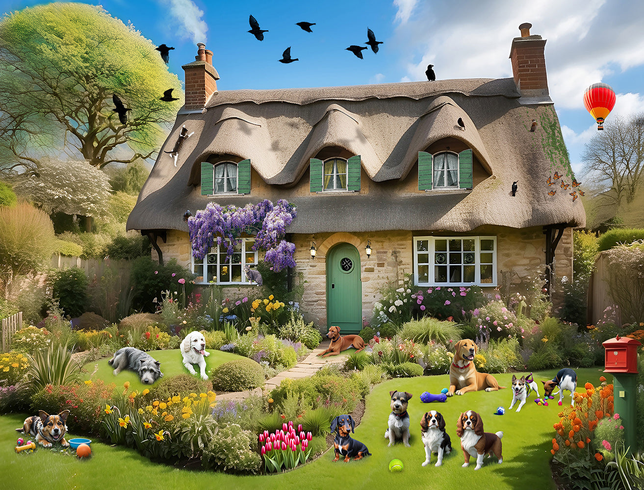 Dogs In A Spring Cottage Garden 1000 Piece Jigsaw